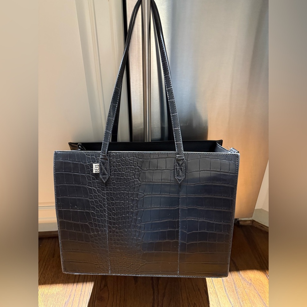 BEIS Black Croc-Embossed Large Tote Bag